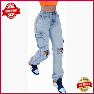 High Waisted Ripped Cargo Jeans Loose Fit Straight Leg Distressed Streetwear